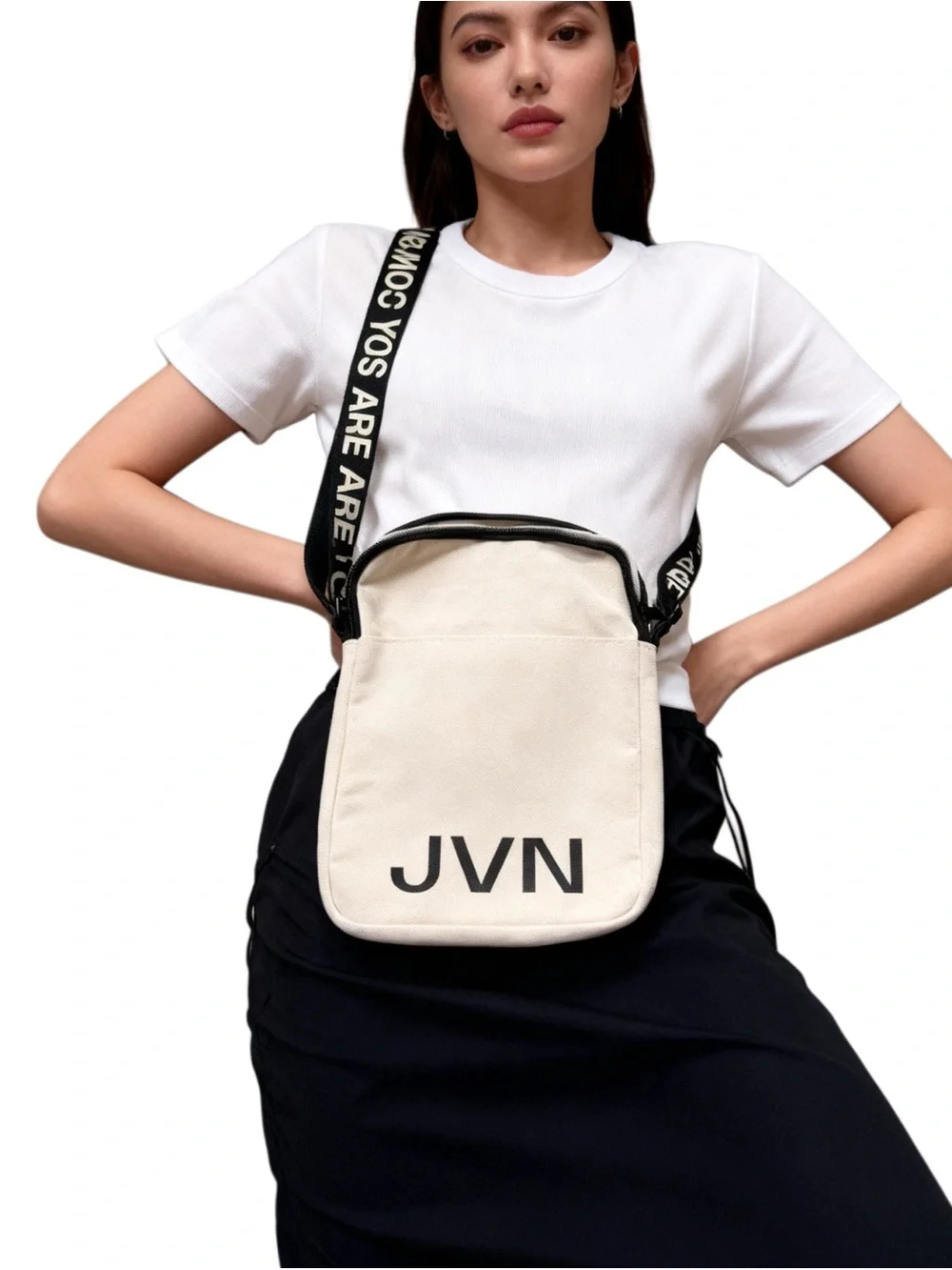 JVN  Cream Canvas Messenger Bag with Black Branded Strap